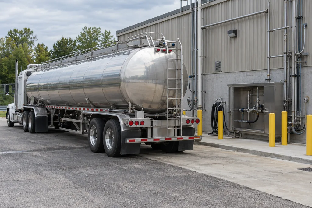 Fictional chemical receiving area with a tanker and offloading connection point.