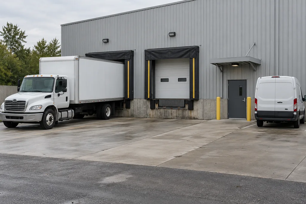 Fictional warehouse receiving area with a loading dock and a ground-level delivery door.